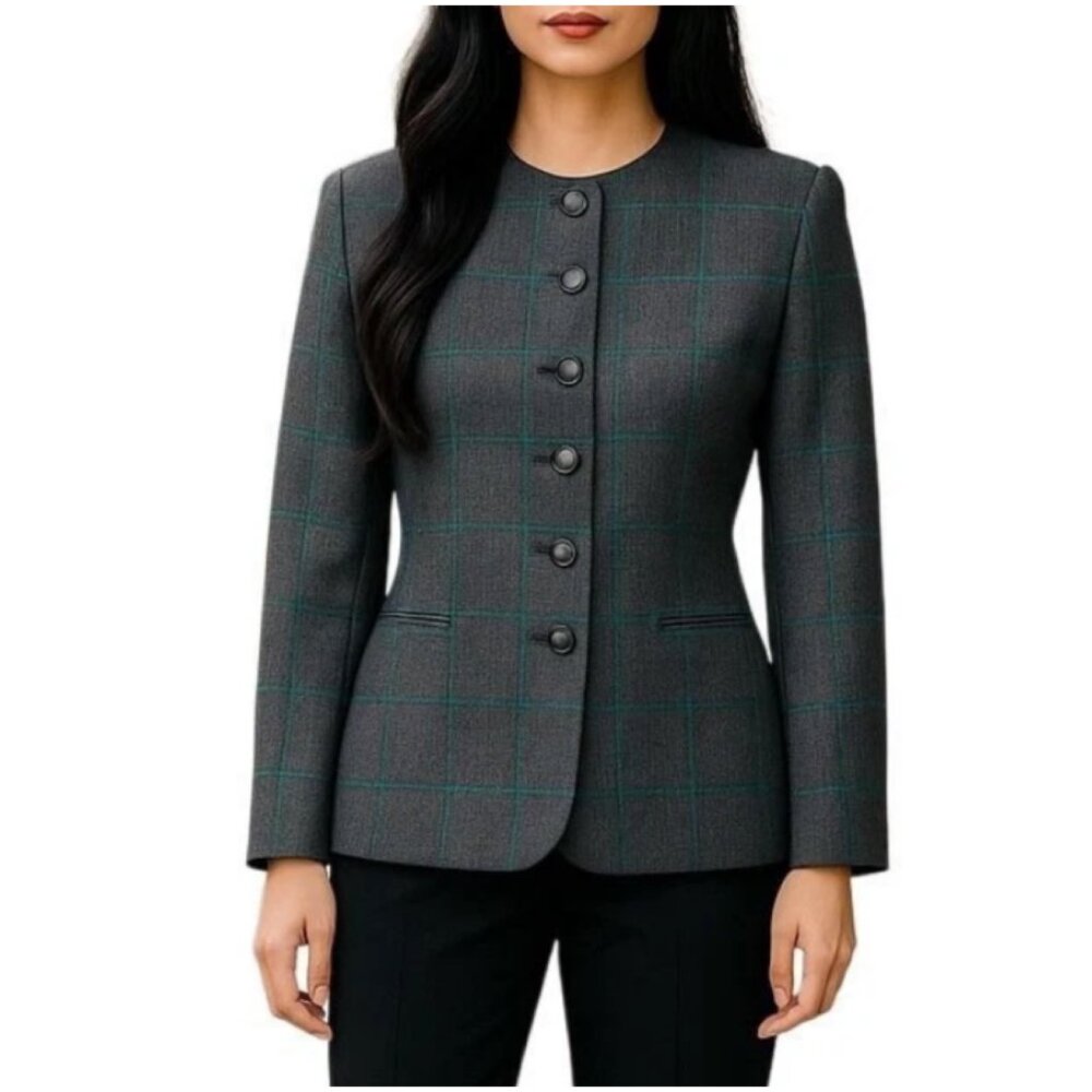 André Barreau NY Blazer Charcoal Gray w Teal Grid Pattern VINTAGE Womens Size 4P
